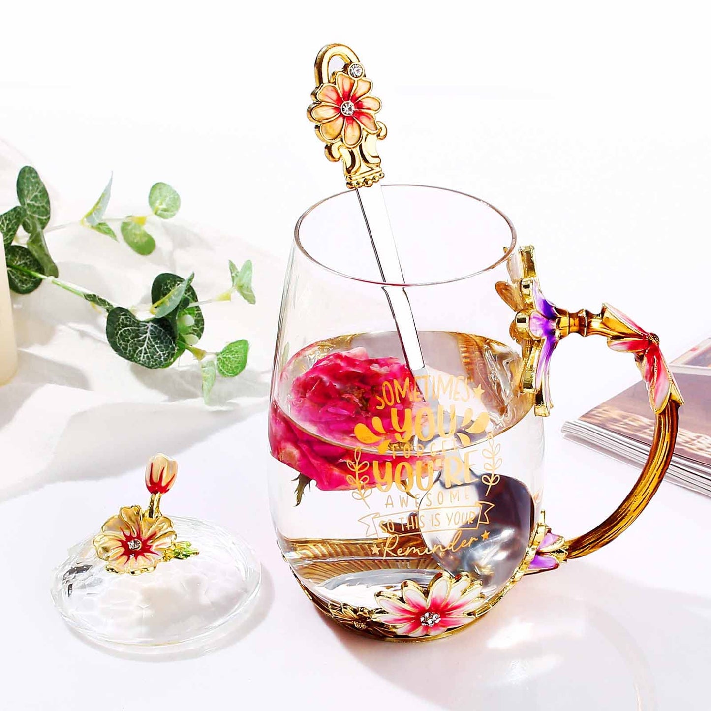 Luka Tech Enamel flower Lead-free Glass Coffee Mugs Tea Cup with Steel Spoon, Best Birthday Gifts For Women Wife Mom Friends Mothers Valentines Day Christmas (Purple-Tall)