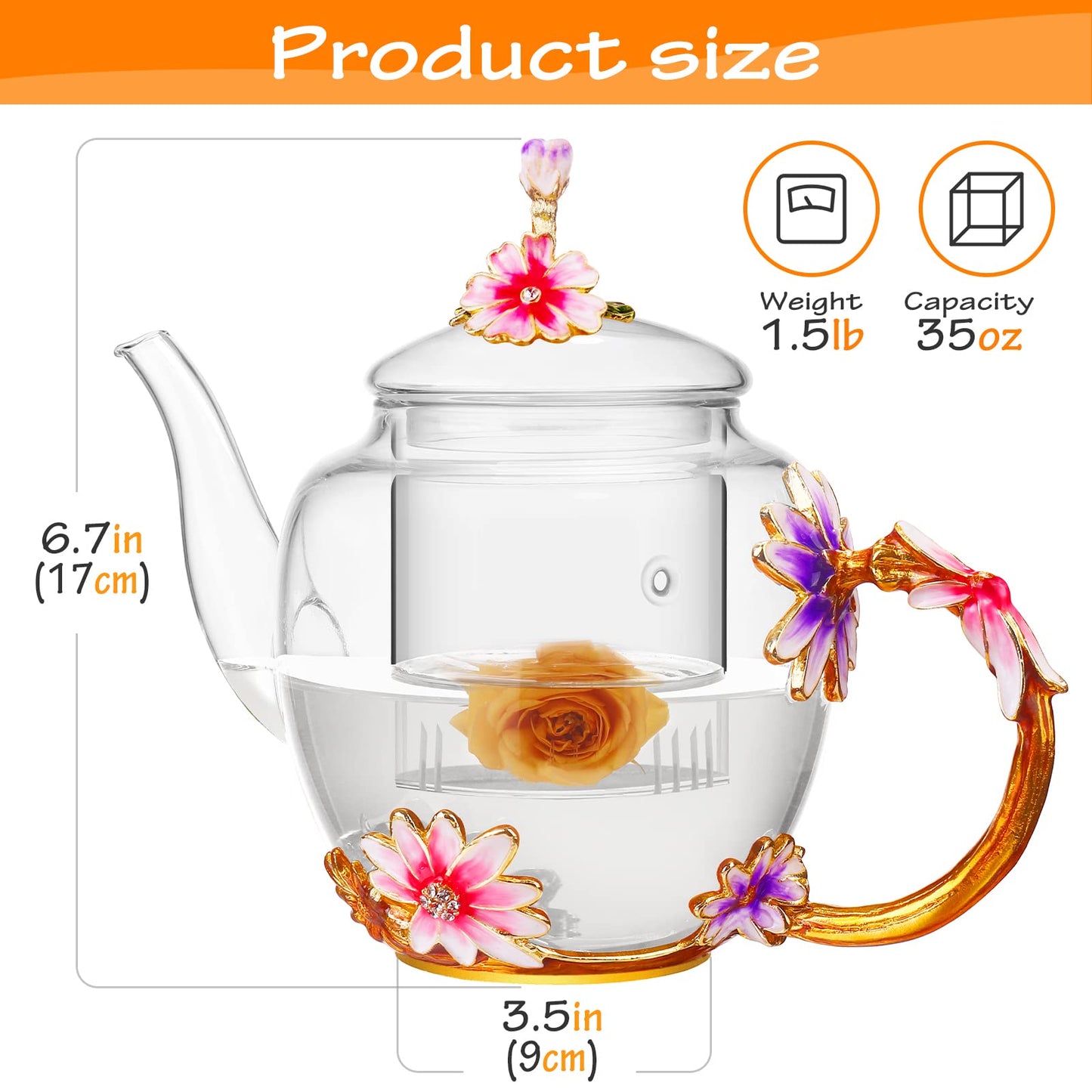 Luka Tech Enamel flower Lead-free Glass Coffee Mugs Tea Cup with Steel Spoon, Best Birthday Gifts For Women Wife Mom Friends Mothers Valentines Day Christmas (Purple-Tall)