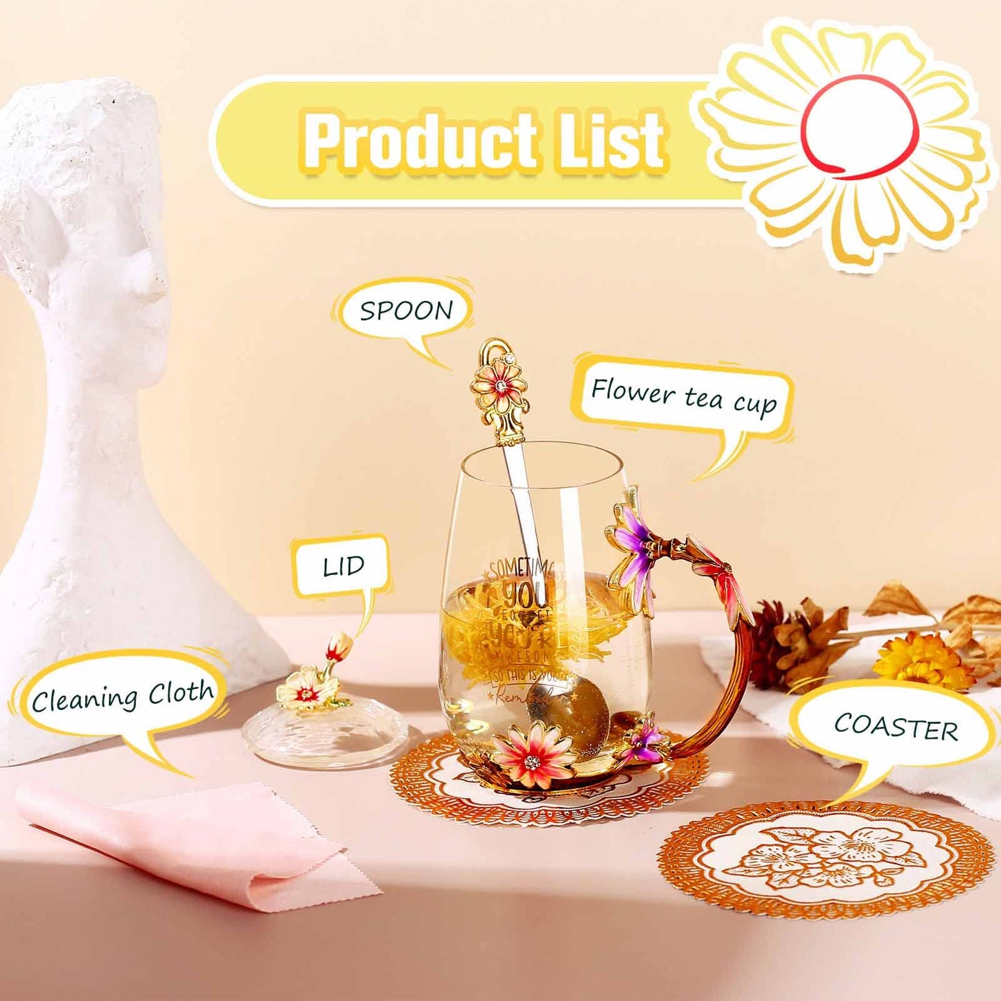 Luka Tech Enamel flower Lead-free Glass Coffee Mugs Tea Cup with Steel Spoon, Best Birthday Gifts For Women Wife Mom Friends Mothers Valentines Day Christmas (Purple-Tall)