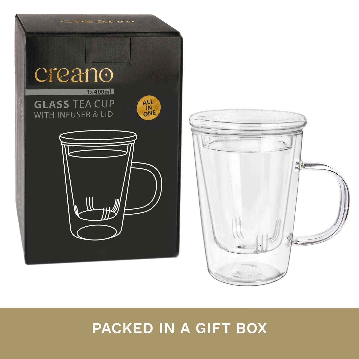 Creano Tea Glass with Infuser and Lid 400ml - Large Tea Cup - Microwave & Dishwasher Safe - Loose Leaf Tea Maker Gift Set