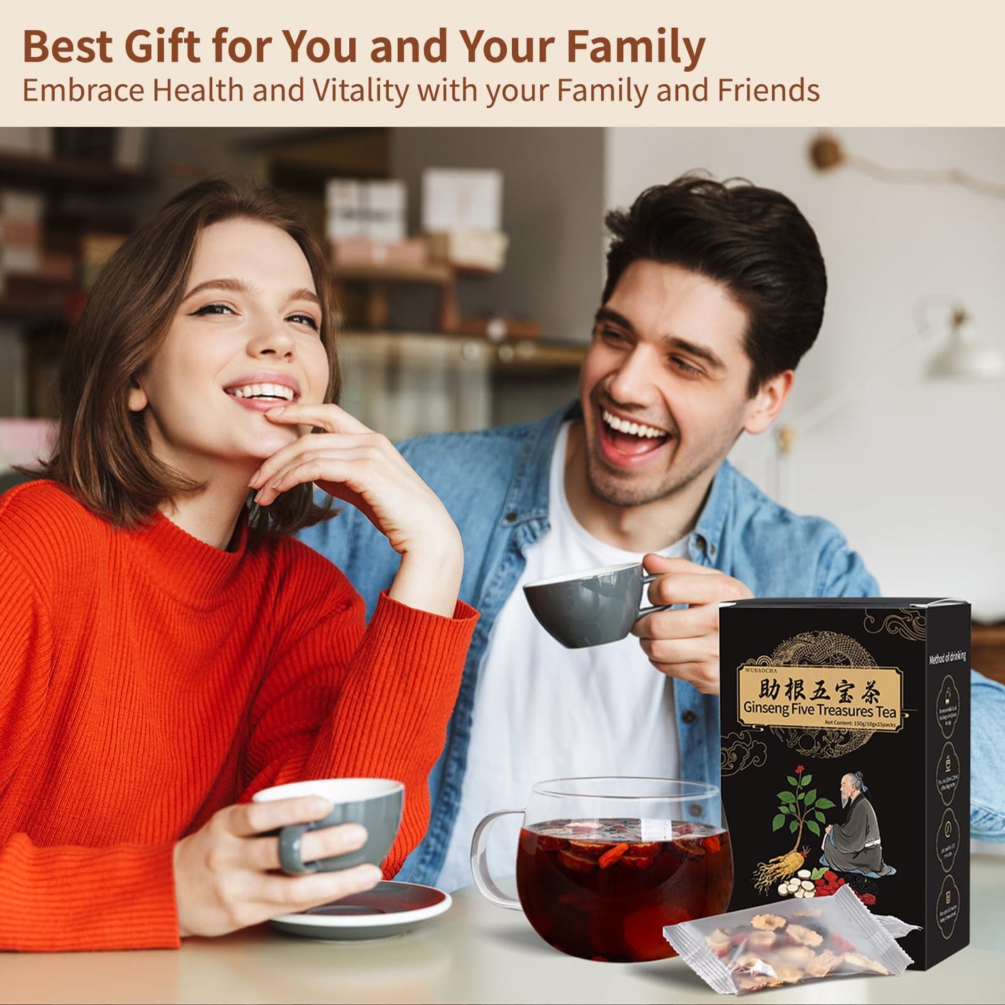 Ginseng Five Treasures Kidney Tea, Traditional Chinese Herbal TeaBags, Natural Organic Kidney Cleanse Detox Tea for Women & Men, 7 Precious Ingredients Formula(1 Pack/25 Bags)