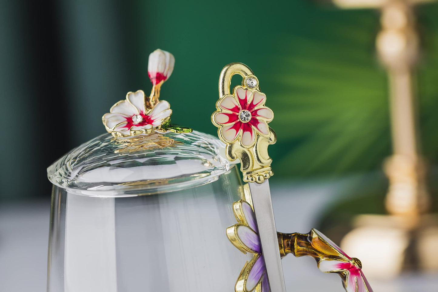 Luka Tech Enamel flower Lead-free Glass Coffee Mugs Tea Cup with Steel Spoon, Best Birthday Gifts For Women Wife Mom Friends Mothers Valentines Day Christmas (Purple-Tall)