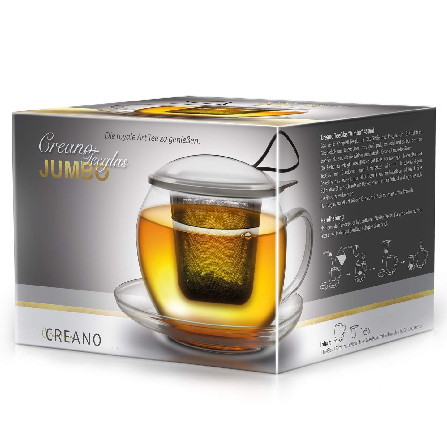 Creano Tea Glass with Infuser and Lid 400ml - Large Tea Cup - Microwave & Dishwasher Safe - Loose Leaf Tea Maker Gift Set