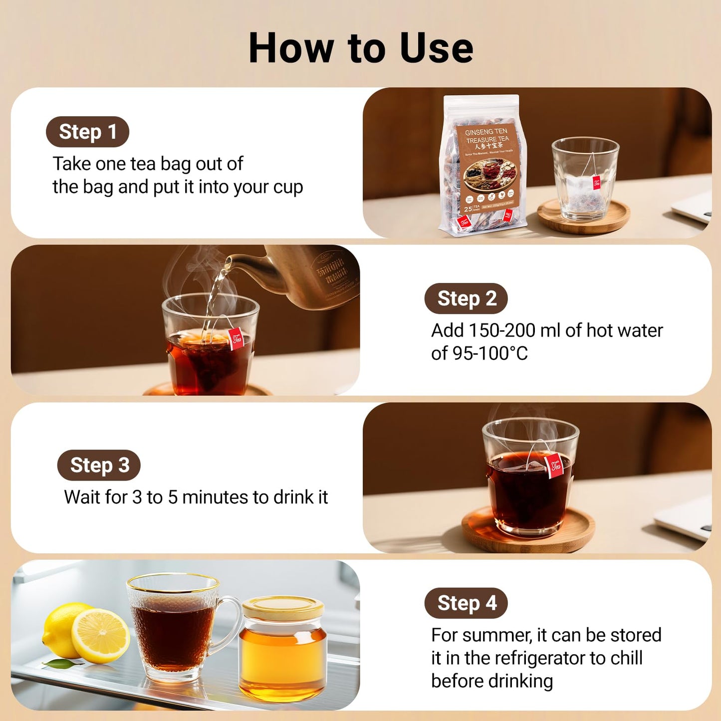 Ginseng Five Treasures Kidney Tea, Traditional Chinese Herbal TeaBags, Natural Organic Kidney Cleanse Detox Tea for Women & Men, 7 Precious Ingredients Formula(1 Pack/25 Bags)