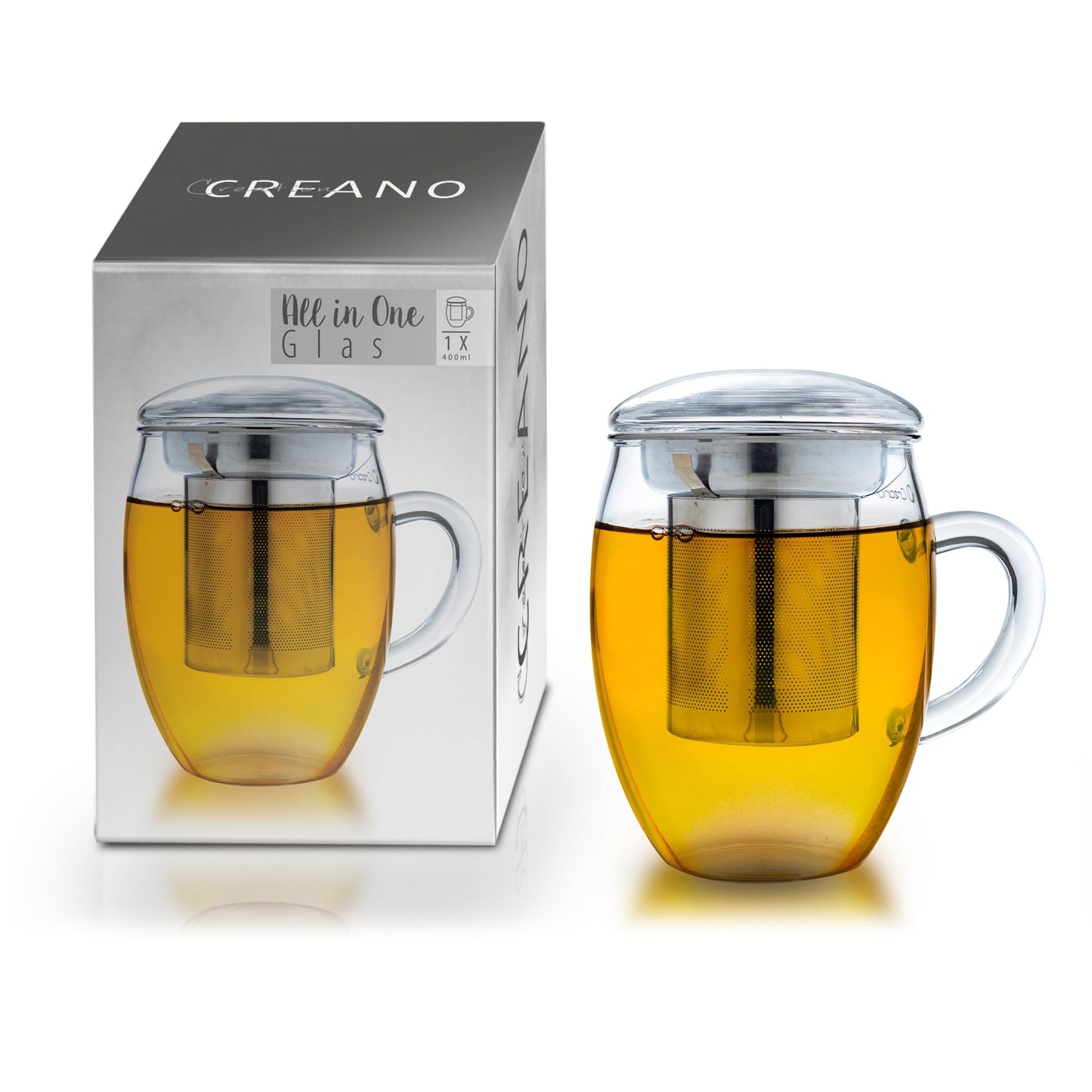 Creano Tea Glass with Infuser and Lid 400ml - Large Tea Cup - Microwave & Dishwasher Safe - Loose Leaf Tea Maker Gift Set