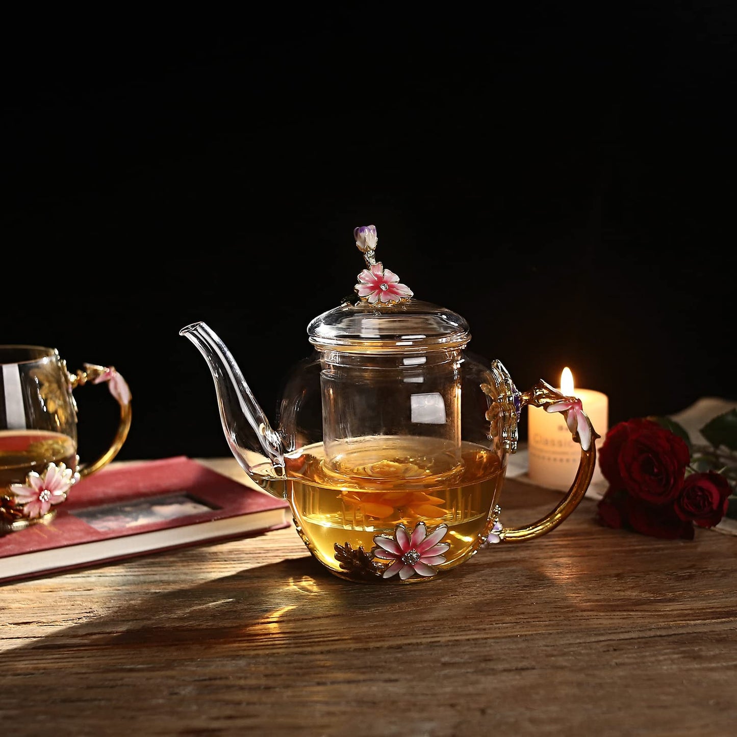 Luka Tech Enamel flower Lead-free Glass Coffee Mugs Tea Cup with Steel Spoon, Best Birthday Gifts For Women Wife Mom Friends Mothers Valentines Day Christmas (Purple-Tall)