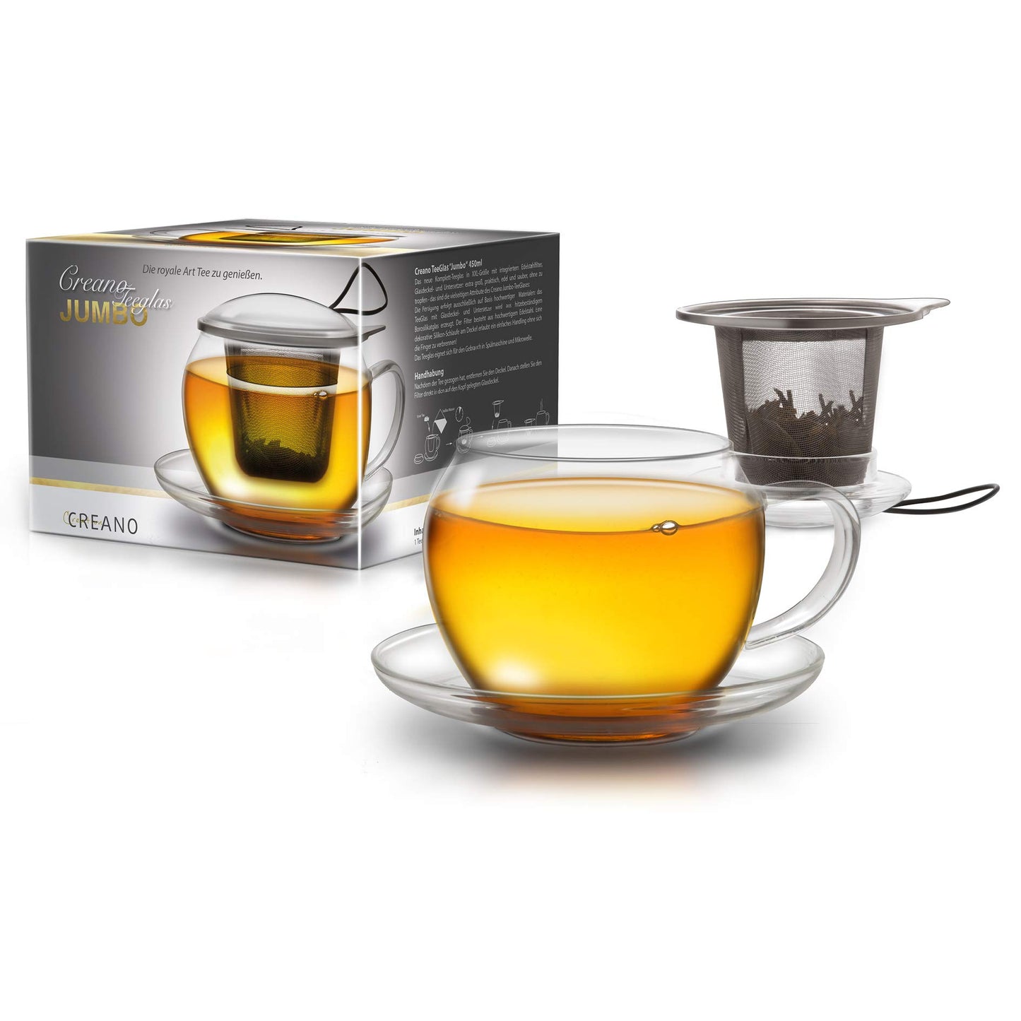 Creano Tea Glass with Infuser and Lid 400ml - Large Tea Cup - Microwave & Dishwasher Safe - Loose Leaf Tea Maker Gift Set