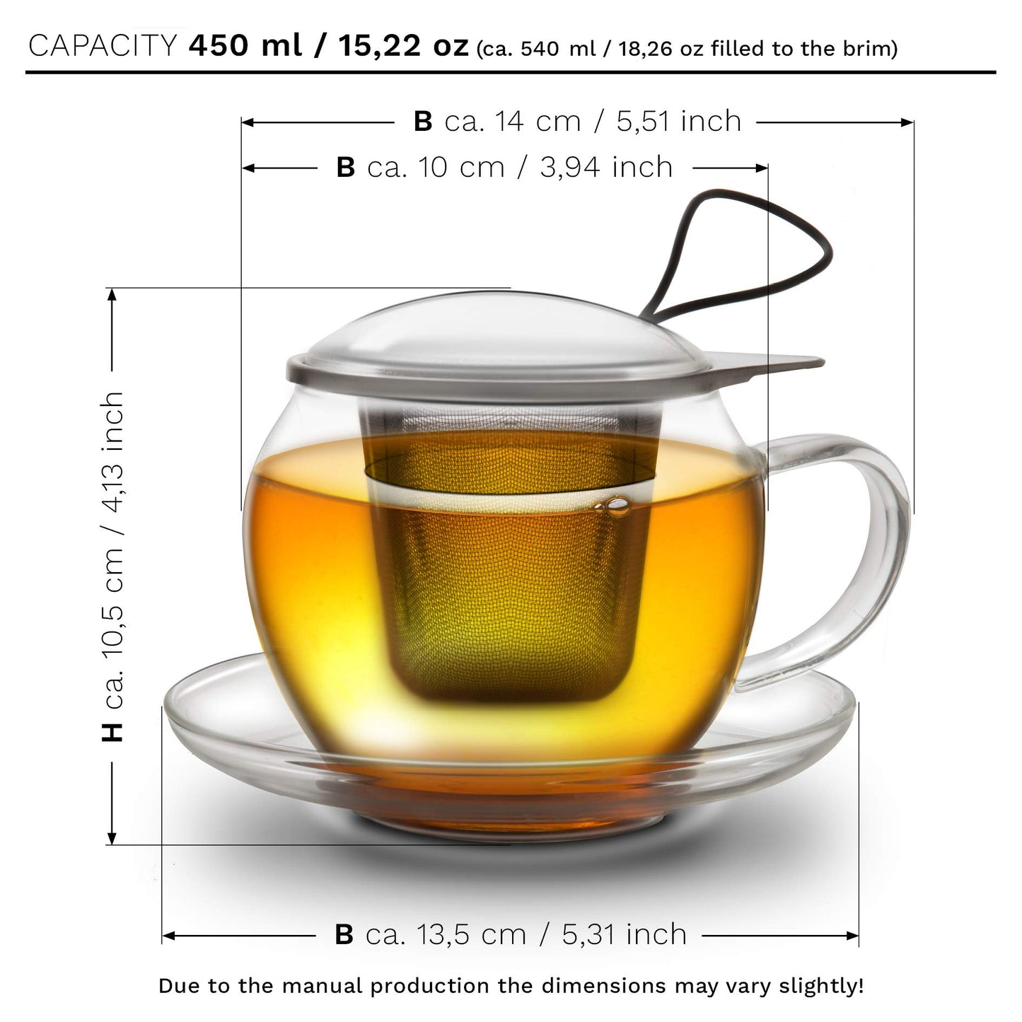 Creano Tea Glass with Infuser and Lid 400ml - Large Tea Cup - Microwave & Dishwasher Safe - Loose Leaf Tea Maker Gift Set