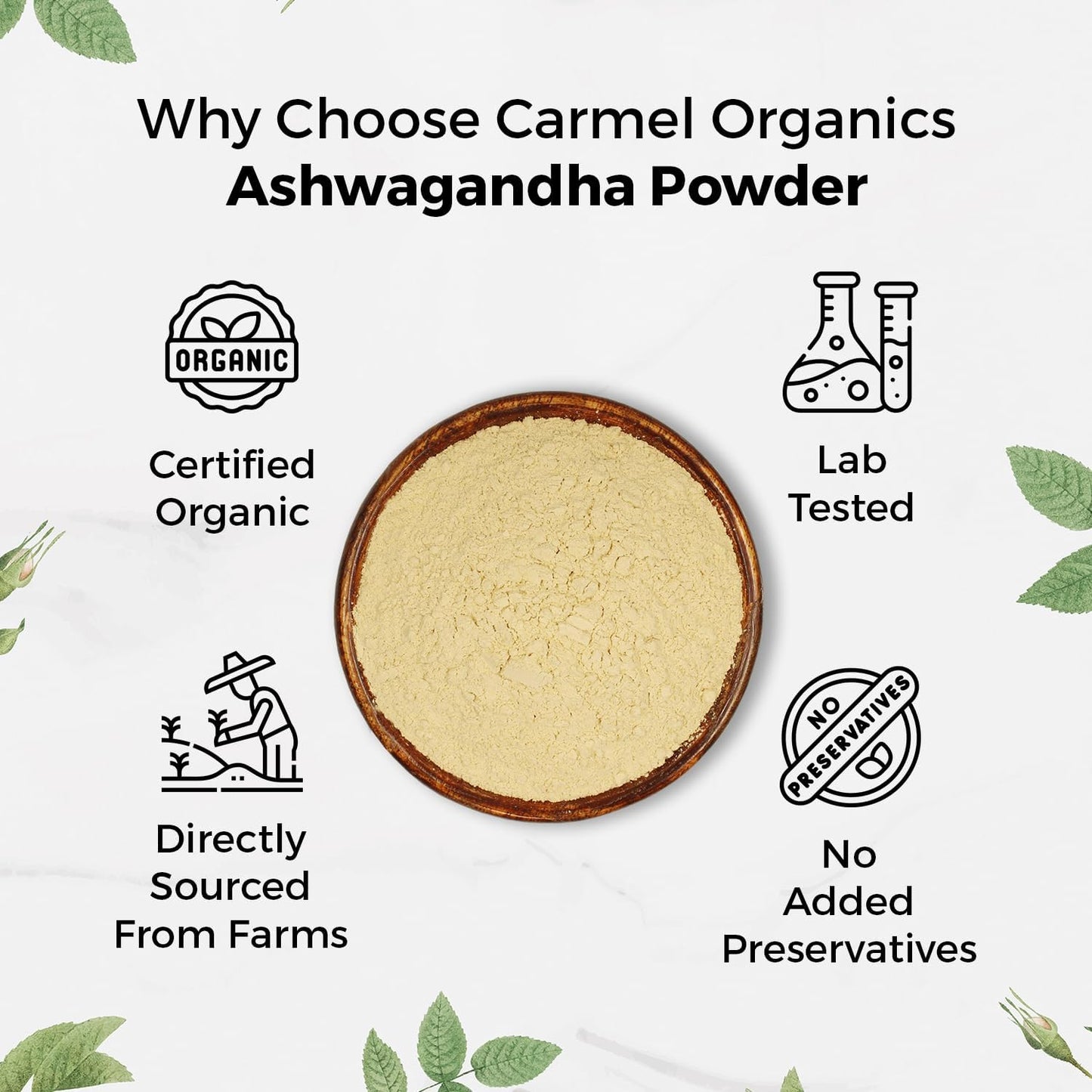 CARMEL ORGANICS Organic Ashwagandha Root Powder (8 Oz or 227g/0.5 Lbs) USDA Certified. Lab Tested, Non GMO & Gluten Free | Withania Somnifera from India