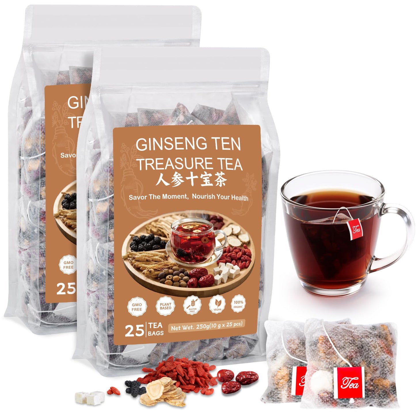 Ginseng Five Treasures Kidney Tea, Traditional Chinese Herbal TeaBags, Natural Organic Kidney Cleanse Detox Tea for Women & Men, 7 Precious Ingredients Formula(1 Pack/25 Bags)