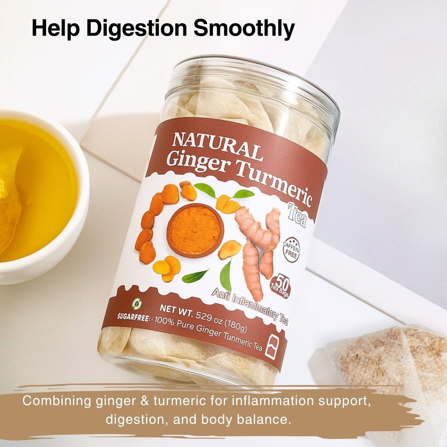50 Ginger Turmeric Tea Bags – Premium Herbal Turmeric and Ginger Tea for Digestion and Immune Support, Caffeine-Free