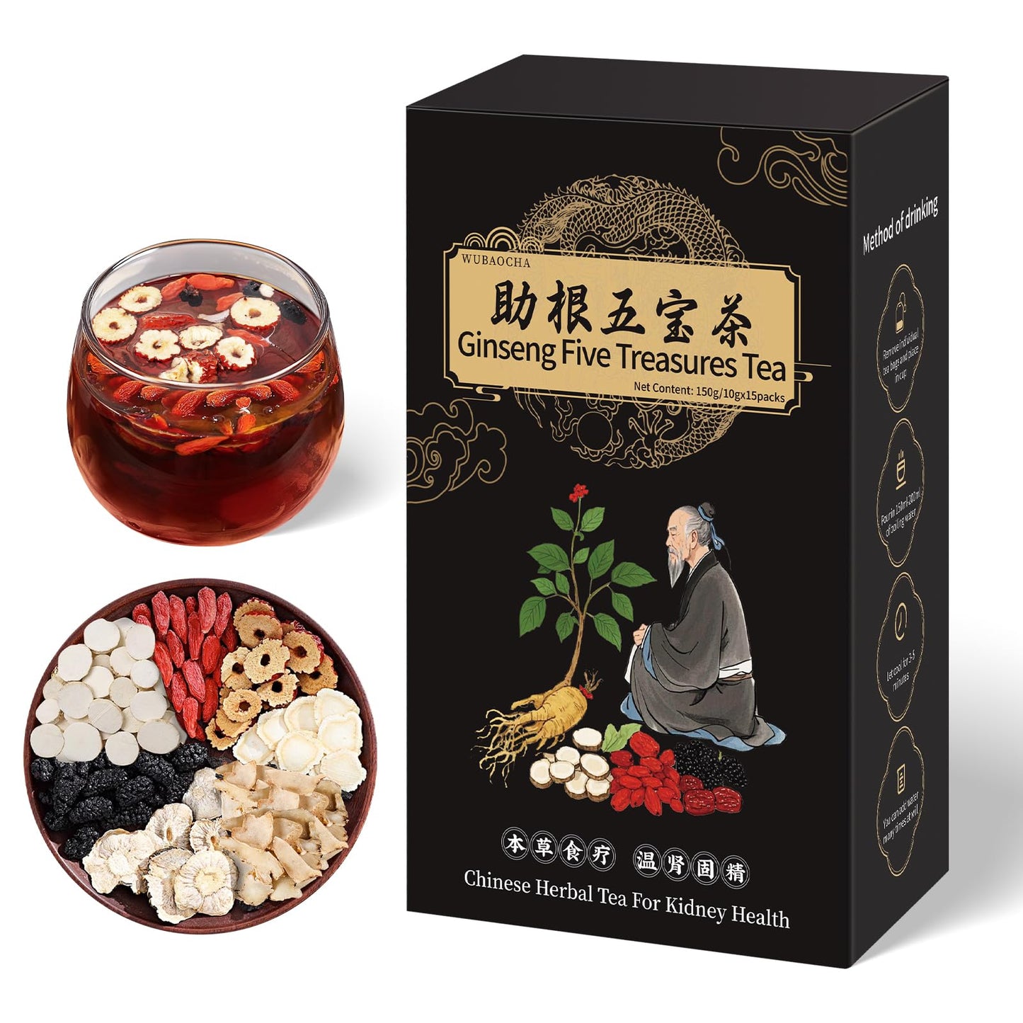 Ginseng Five Treasures Kidney Tea, Traditional Chinese Herbal TeaBags, Natural Organic Kidney Cleanse Detox Tea for Women & Men, 7 Precious Ingredients Formula(1 Pack/25 Bags)