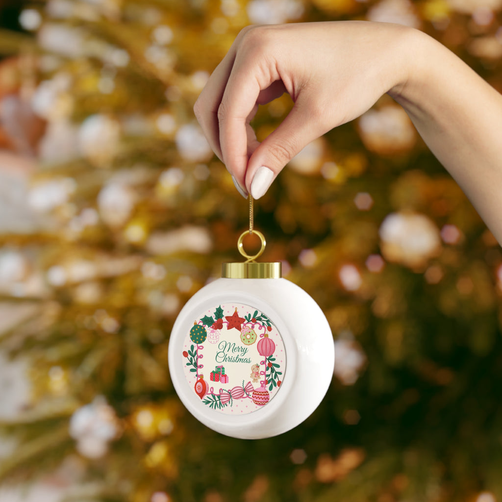 Christmas Ball Ornament - Merry Christmas Wreath & Poinsettia Holiday Tree Bauble