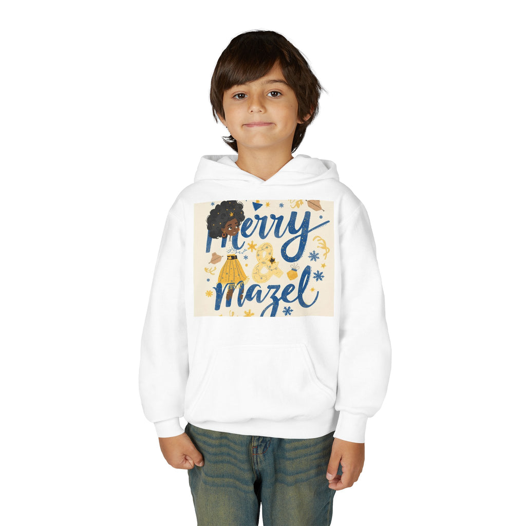Youth Hoodie — "Merry Mazel" Hanukkah Kids Sweatshirt with Dreidel & Star Design
