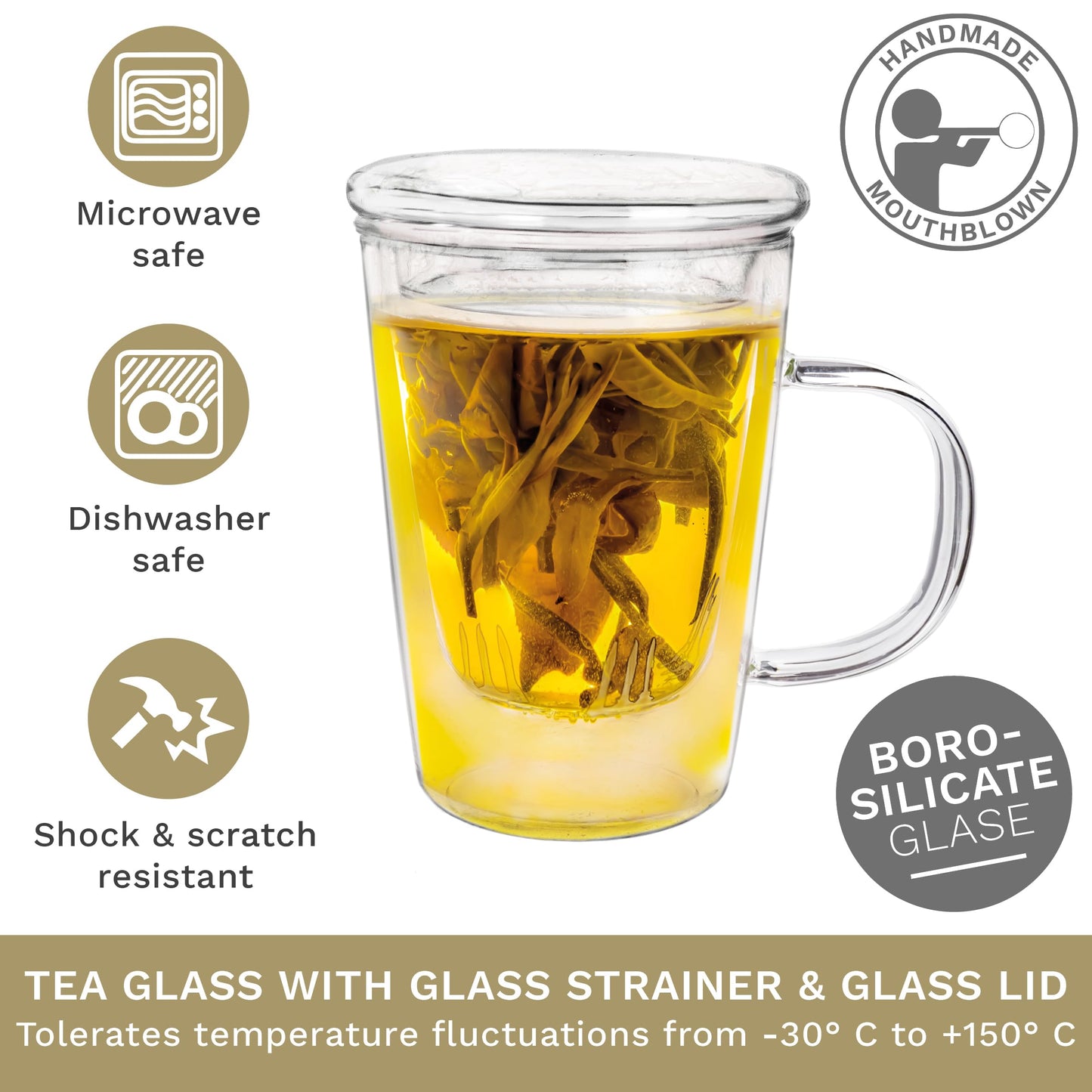 Creano Tea Glass with Infuser and Lid 400ml - Large Tea Cup - Microwave & Dishwasher Safe - Loose Leaf Tea Maker Gift Set