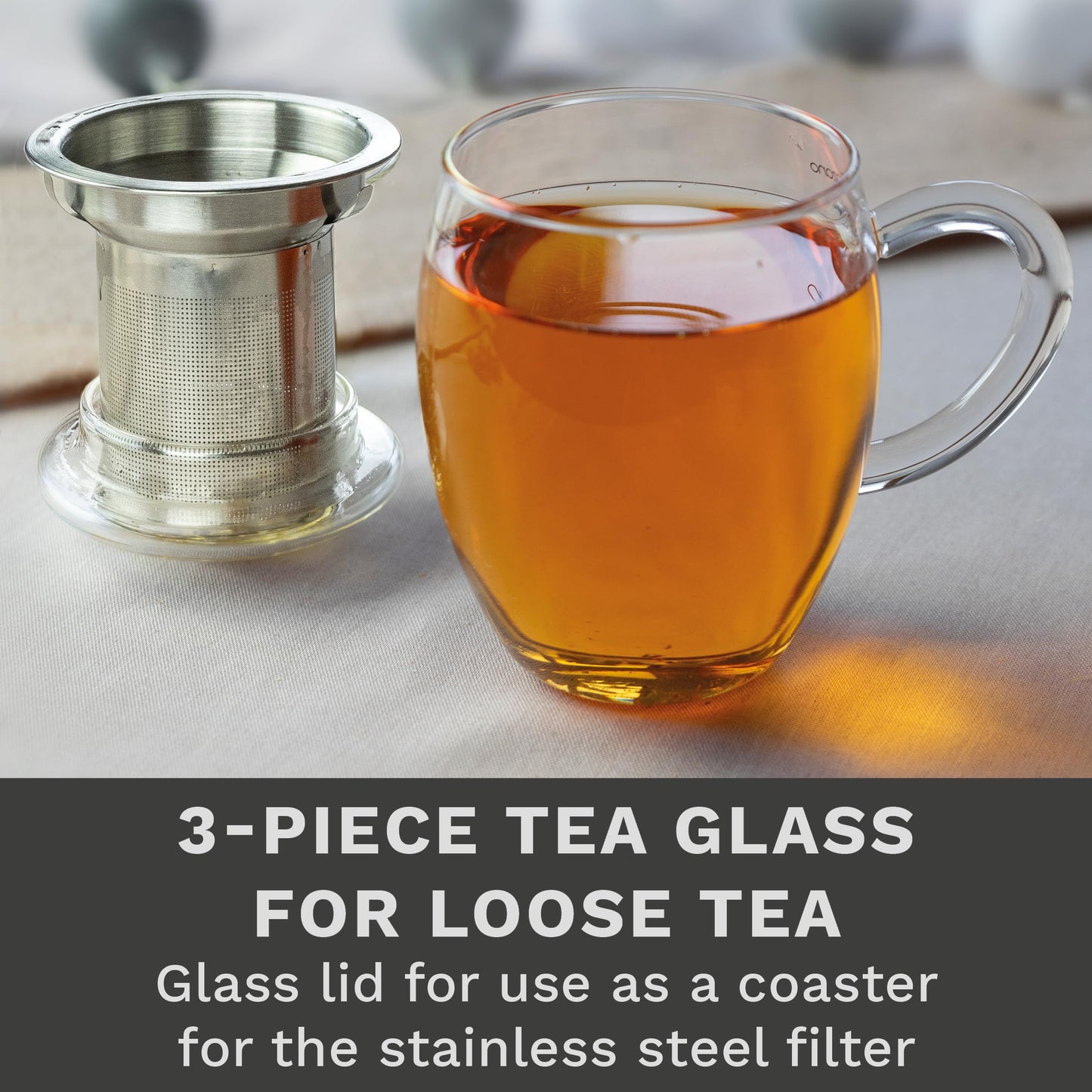 Creano Tea Glass with Infuser and Lid 400ml - Large Tea Cup - Microwave & Dishwasher Safe - Loose Leaf Tea Maker Gift Set