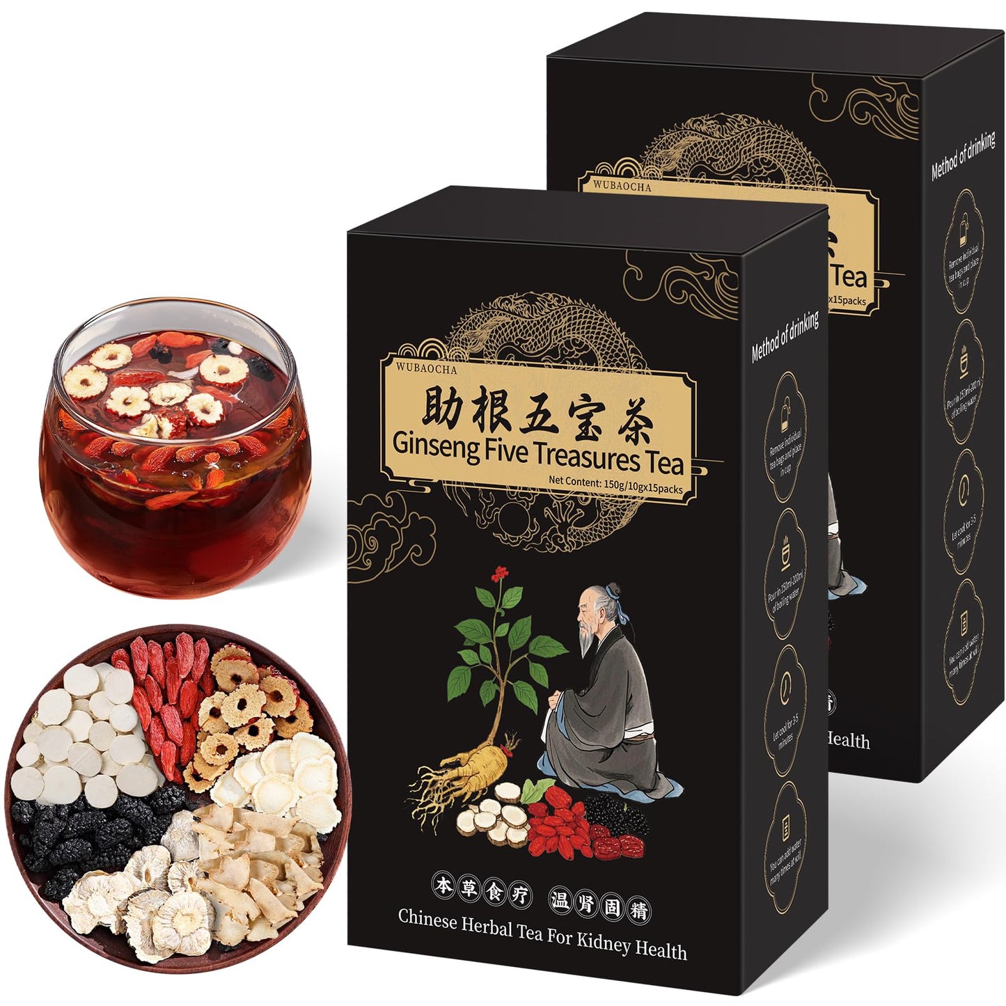 Ginseng Five Treasures Kidney Tea, Traditional Chinese Herbal TeaBags, Natural Organic Kidney Cleanse Detox Tea for Women & Men, 7 Precious Ingredients Formula(1 Pack/25 Bags)