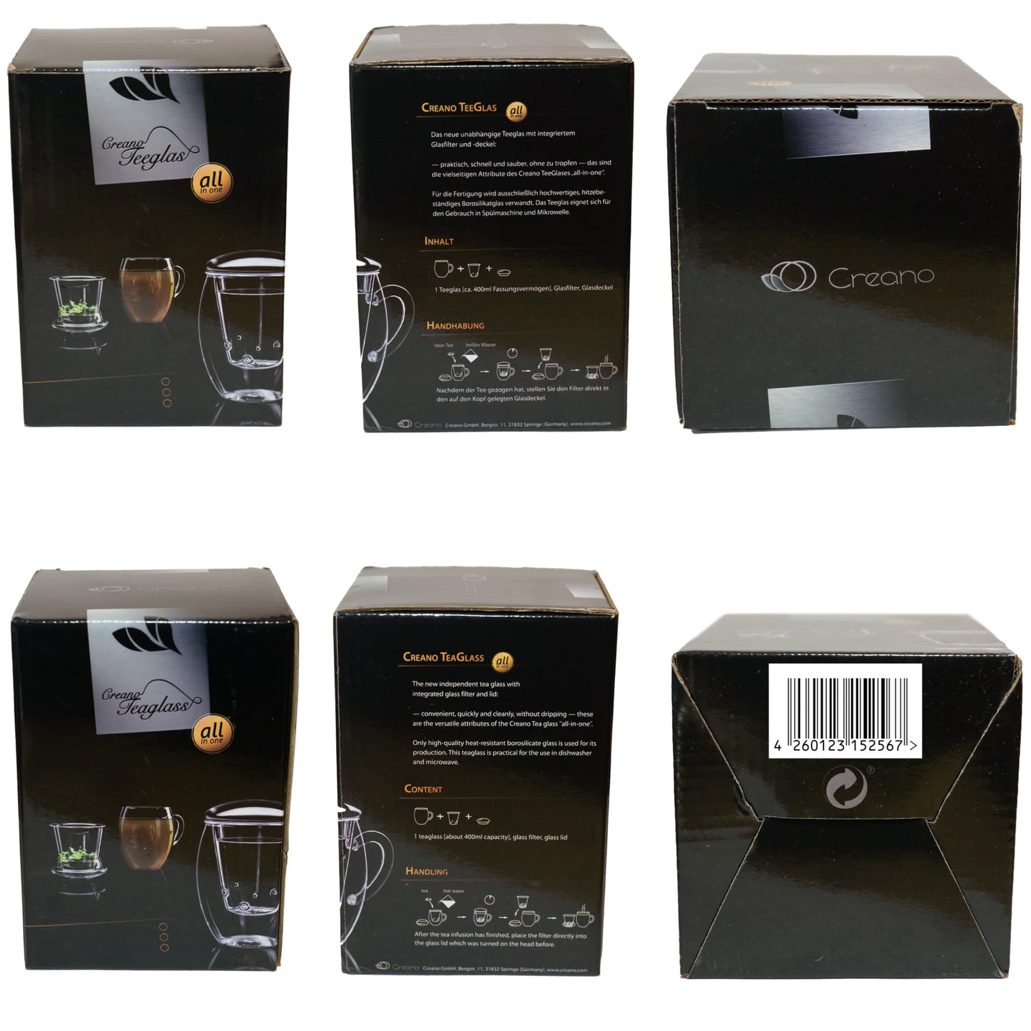 Creano Tea Glass with Infuser and Lid 400ml - Large Tea Cup - Microwave & Dishwasher Safe - Loose Leaf Tea Maker Gift Set