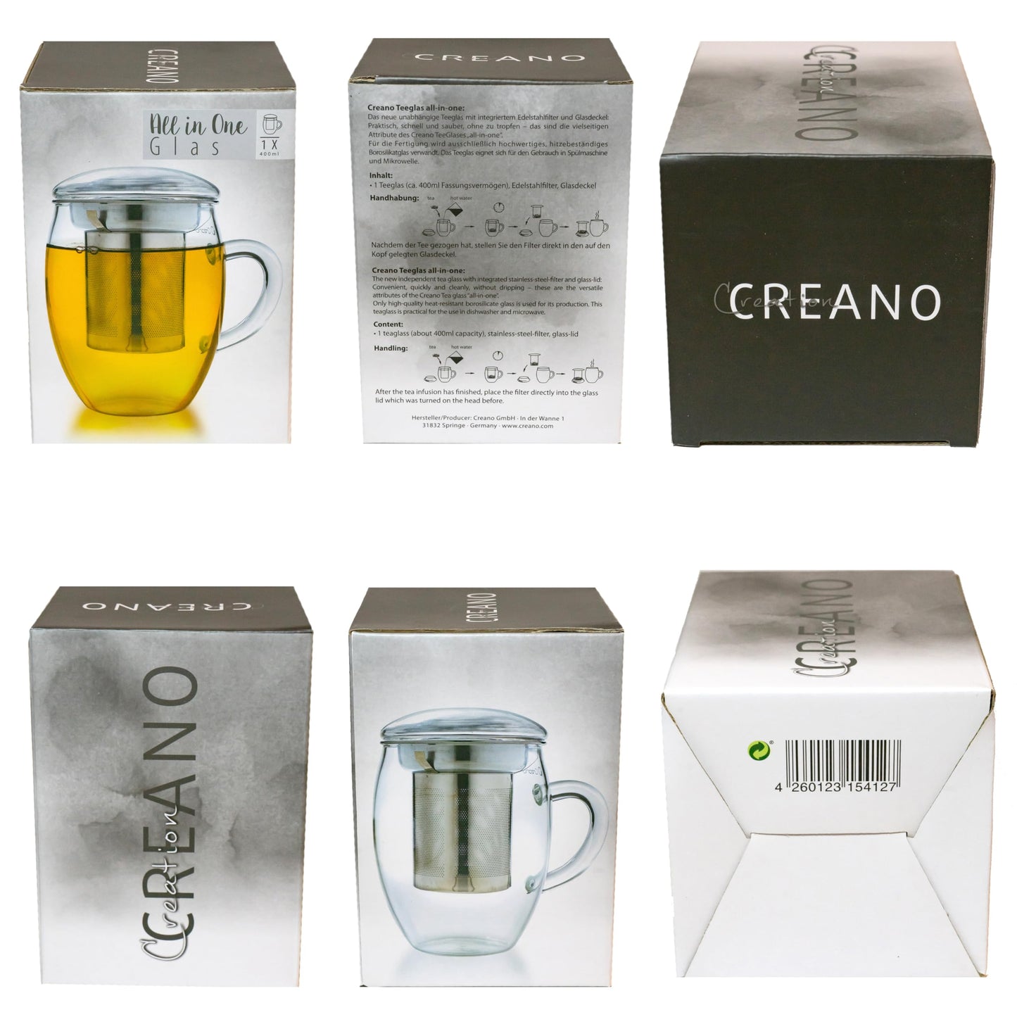 Creano Tea Glass with Infuser and Lid 400ml - Large Tea Cup - Microwave & Dishwasher Safe - Loose Leaf Tea Maker Gift Set
