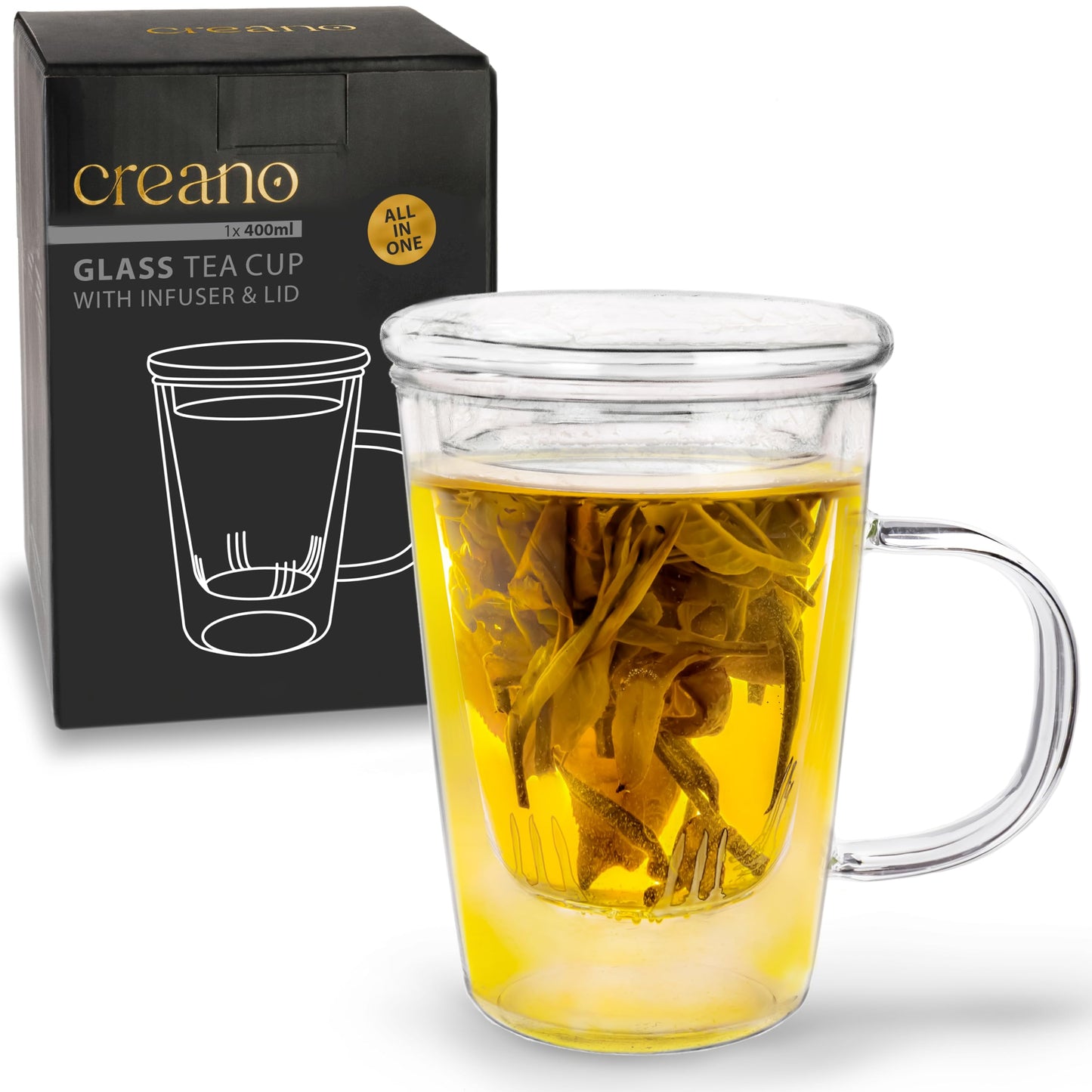 Creano Tea Glass with Infuser and Lid 400ml - Large Tea Cup - Microwave & Dishwasher Safe - Loose Leaf Tea Maker Gift Set