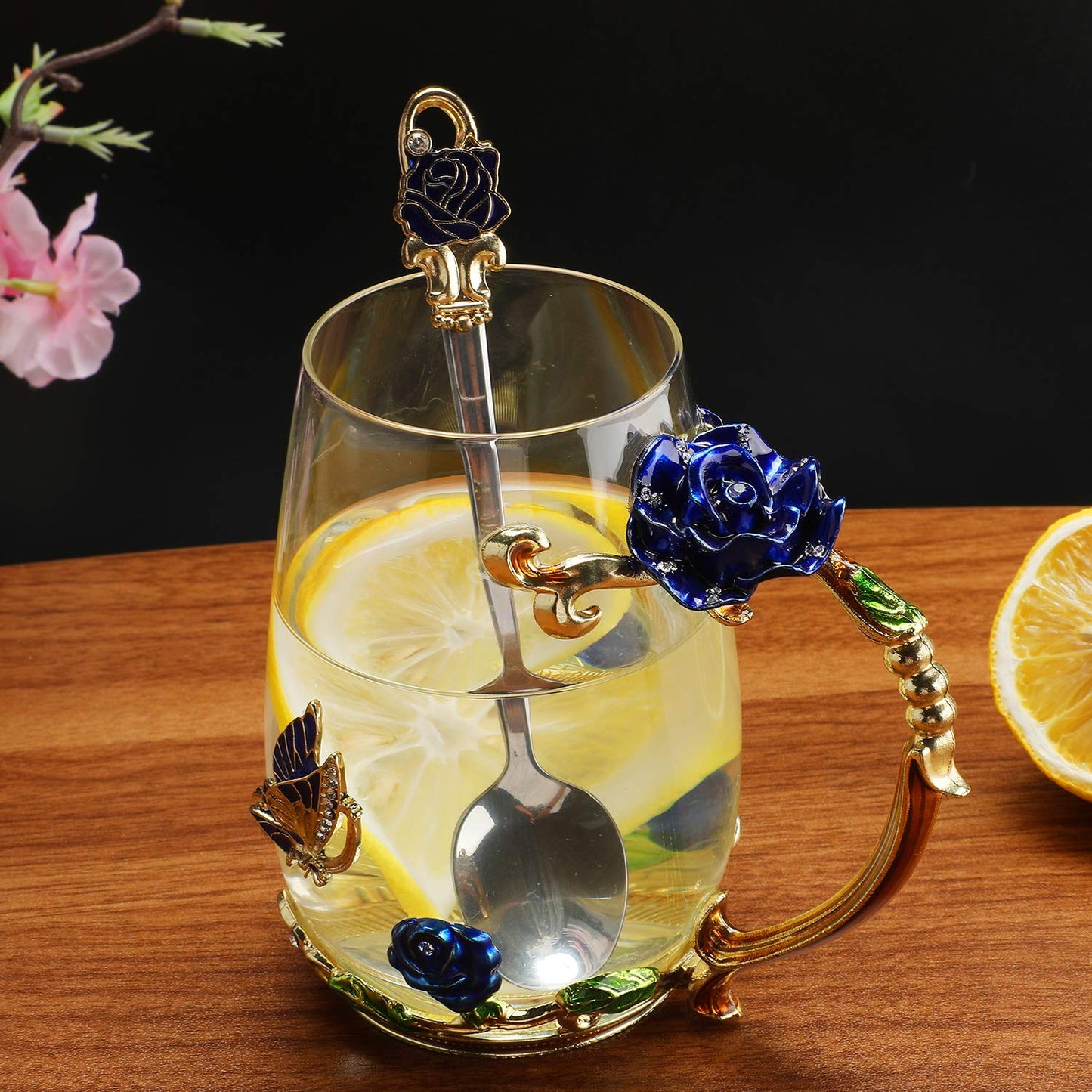 Luka Tech Enamel flower Lead-free Glass Coffee Mugs Tea Cup with Steel Spoon, Best Birthday Gifts For Women Wife Mom Friends Mothers Valentines Day Christmas (Purple-Tall)