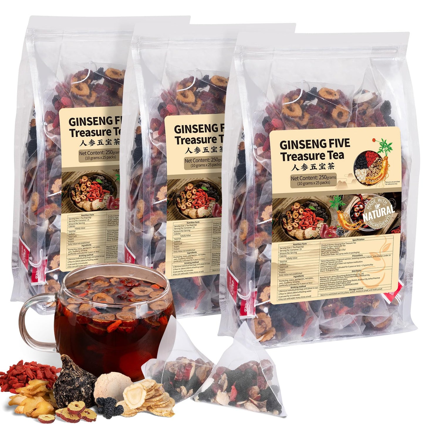 Ginseng Five Treasures Kidney Tea, Traditional Chinese Herbal TeaBags, Natural Organic Kidney Cleanse Detox Tea for Women & Men, 7 Precious Ingredients Formula(1 Pack/25 Bags)