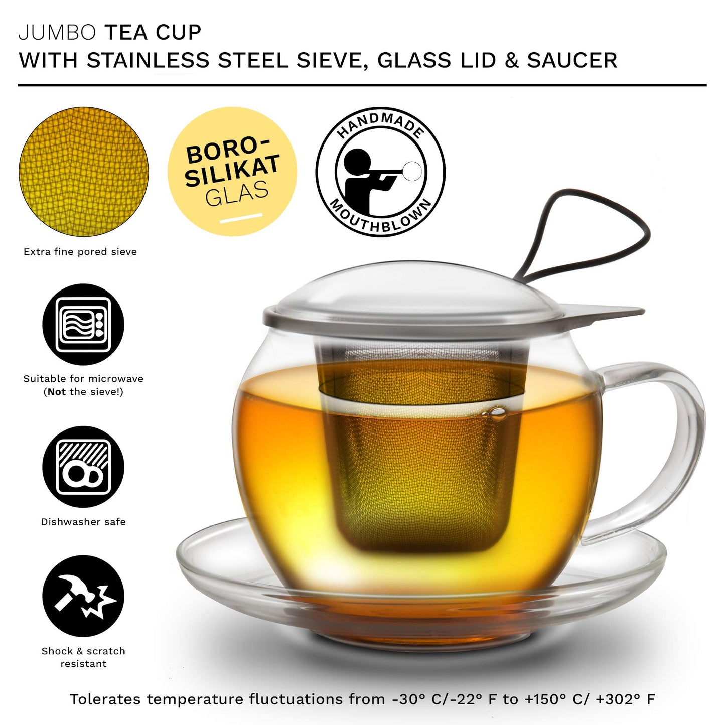 Creano Tea Glass with Infuser and Lid 400ml - Large Tea Cup - Microwave & Dishwasher Safe - Loose Leaf Tea Maker Gift Set