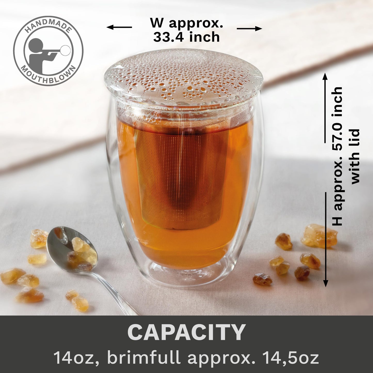 Creano Tea Glass with Infuser and Lid 400ml - Large Tea Cup - Microwave & Dishwasher Safe - Loose Leaf Tea Maker Gift Set