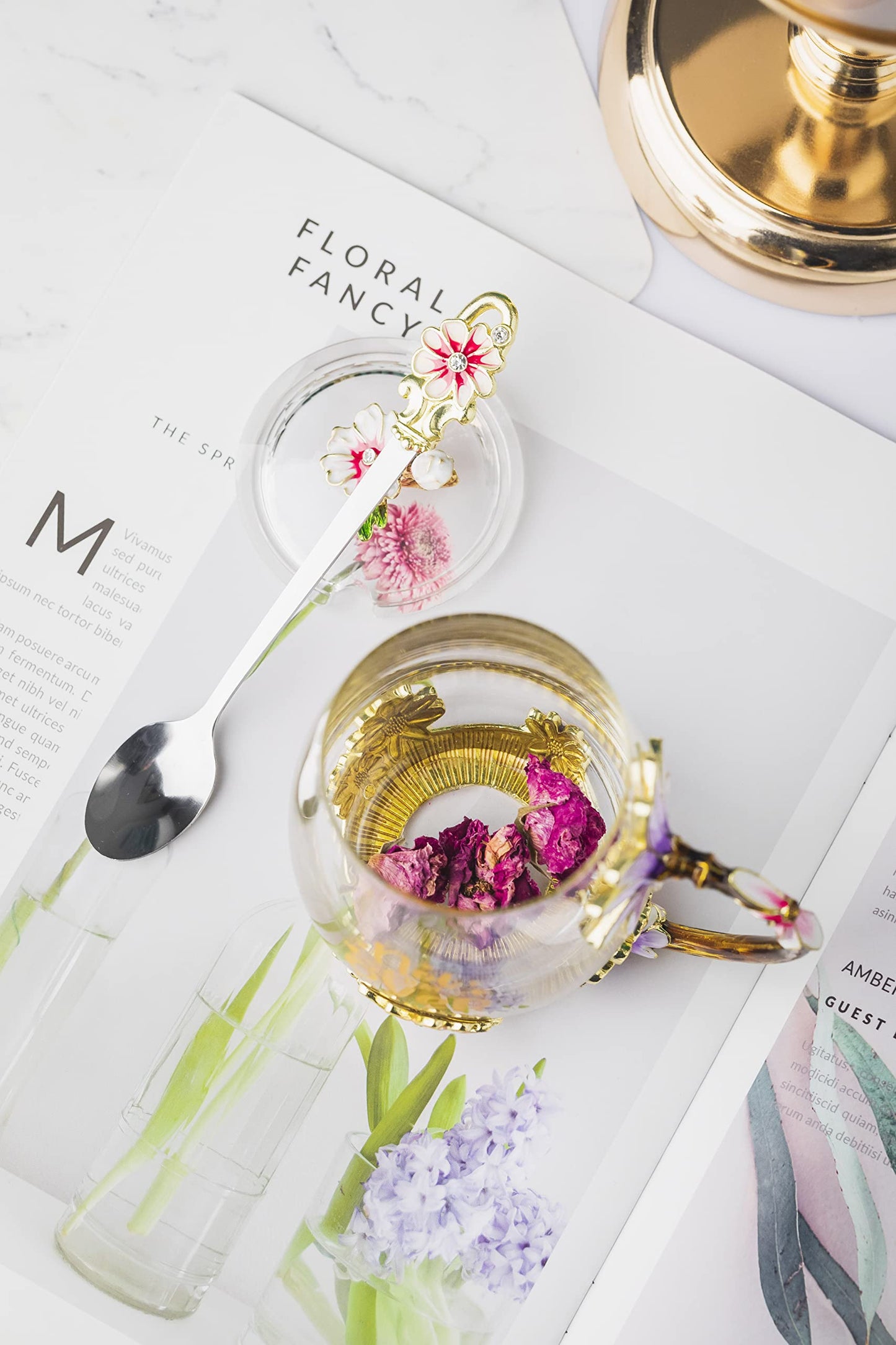 Luka Tech Enamel flower Lead-free Glass Coffee Mugs Tea Cup with Steel Spoon, Best Birthday Gifts For Women Wife Mom Friends Mothers Valentines Day Christmas (Purple-Tall)