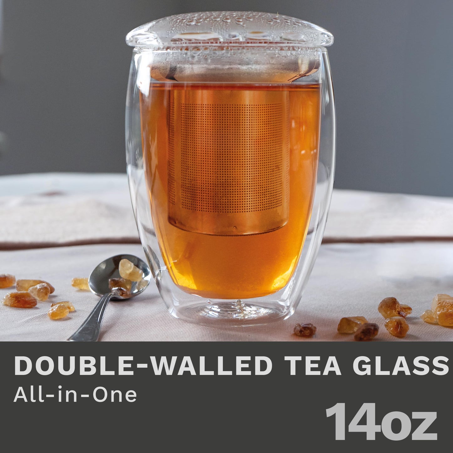 Creano Tea Glass with Infuser and Lid 400ml - Large Tea Cup - Microwave & Dishwasher Safe - Loose Leaf Tea Maker Gift Set