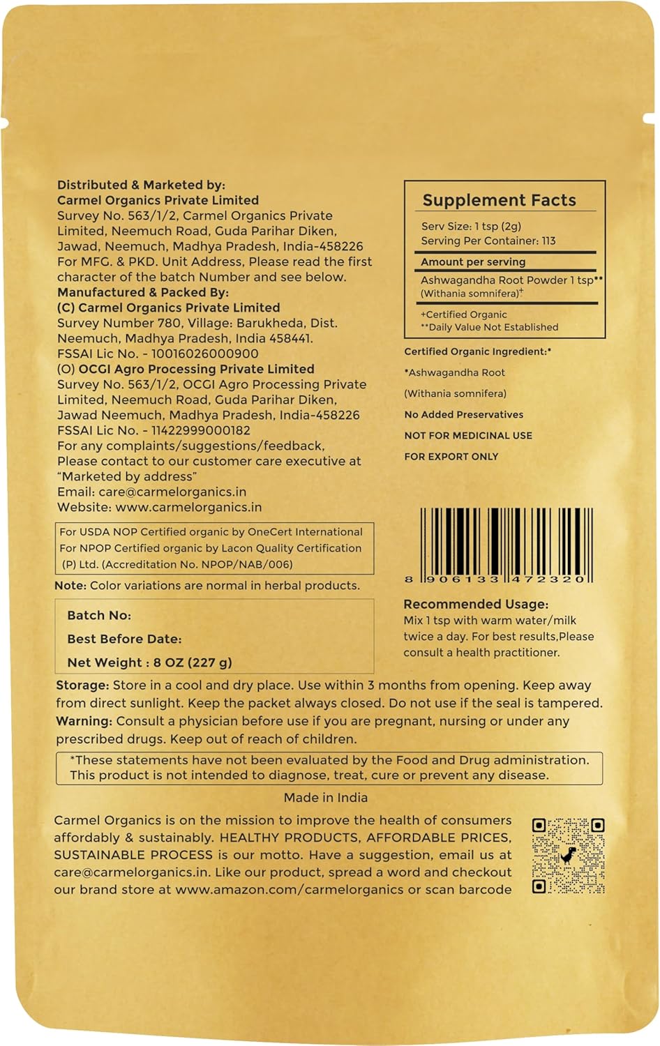 CARMEL ORGANICS Organic Ashwagandha Root Powder (8 Oz or 227g/0.5 Lbs) USDA Certified. Lab Tested, Non GMO & Gluten Free | Withania Somnifera from India