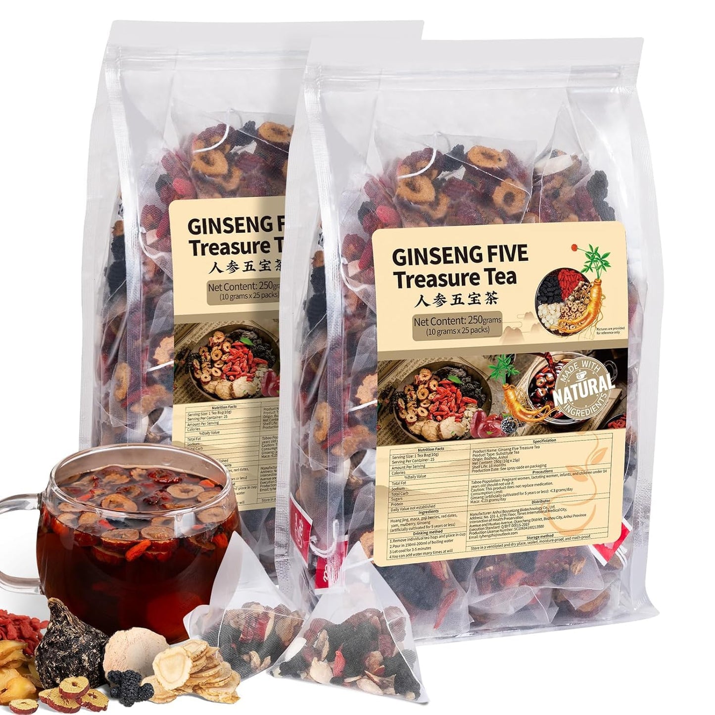 Ginseng Five Treasures Kidney Tea, Traditional Chinese Herbal TeaBags, Natural Organic Kidney Cleanse Detox Tea for Women & Men, 7 Precious Ingredients Formula(1 Pack/25 Bags)