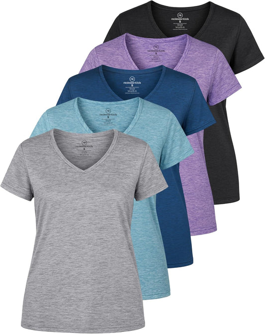 Real Essentials 5 Pack: Women's Dry Fit Short Sleeve V Neck Workout Top - Fitness Gym Athletic Yoga T-Shirt (Plus Available)