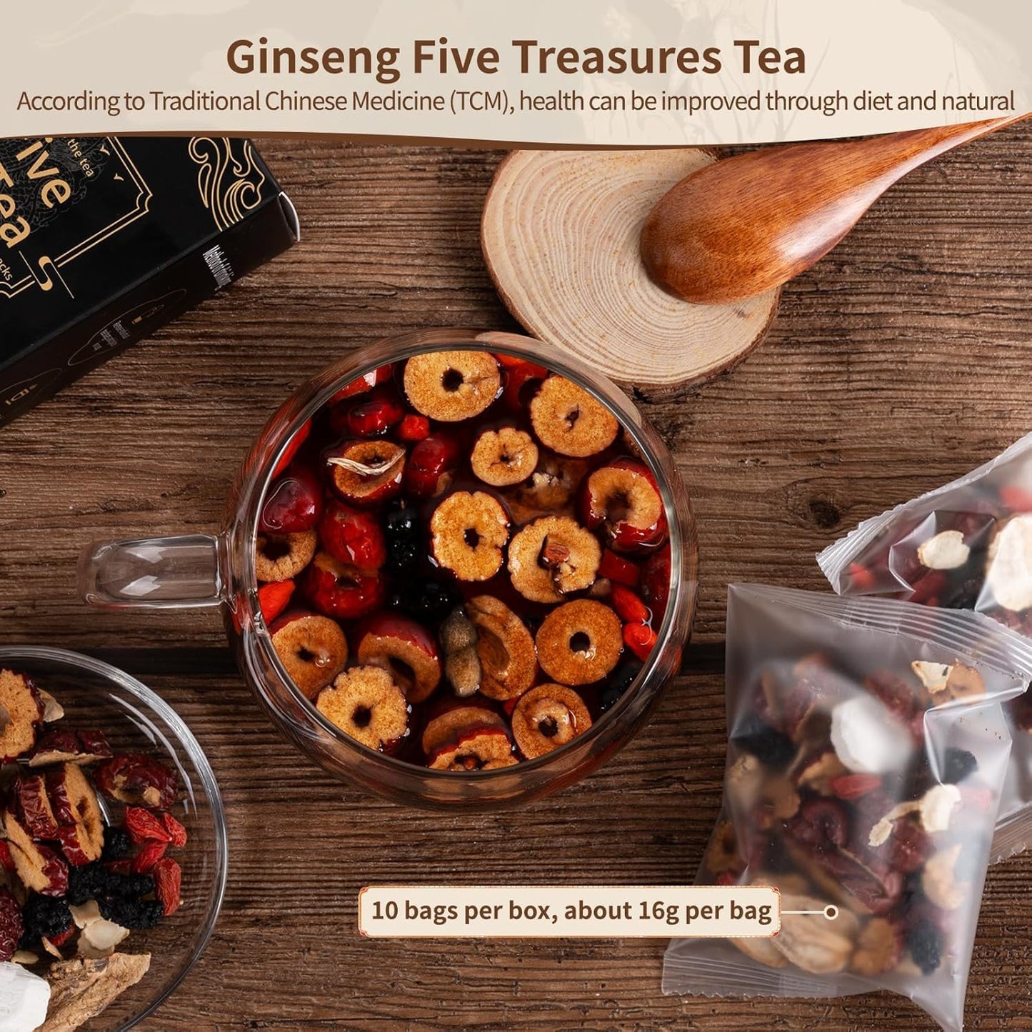 Ginseng Five Treasures Kidney Tea, Traditional Chinese Herbal TeaBags, Natural Organic Kidney Cleanse Detox Tea for Women & Men, 7 Precious Ingredients Formula(1 Pack/25 Bags)