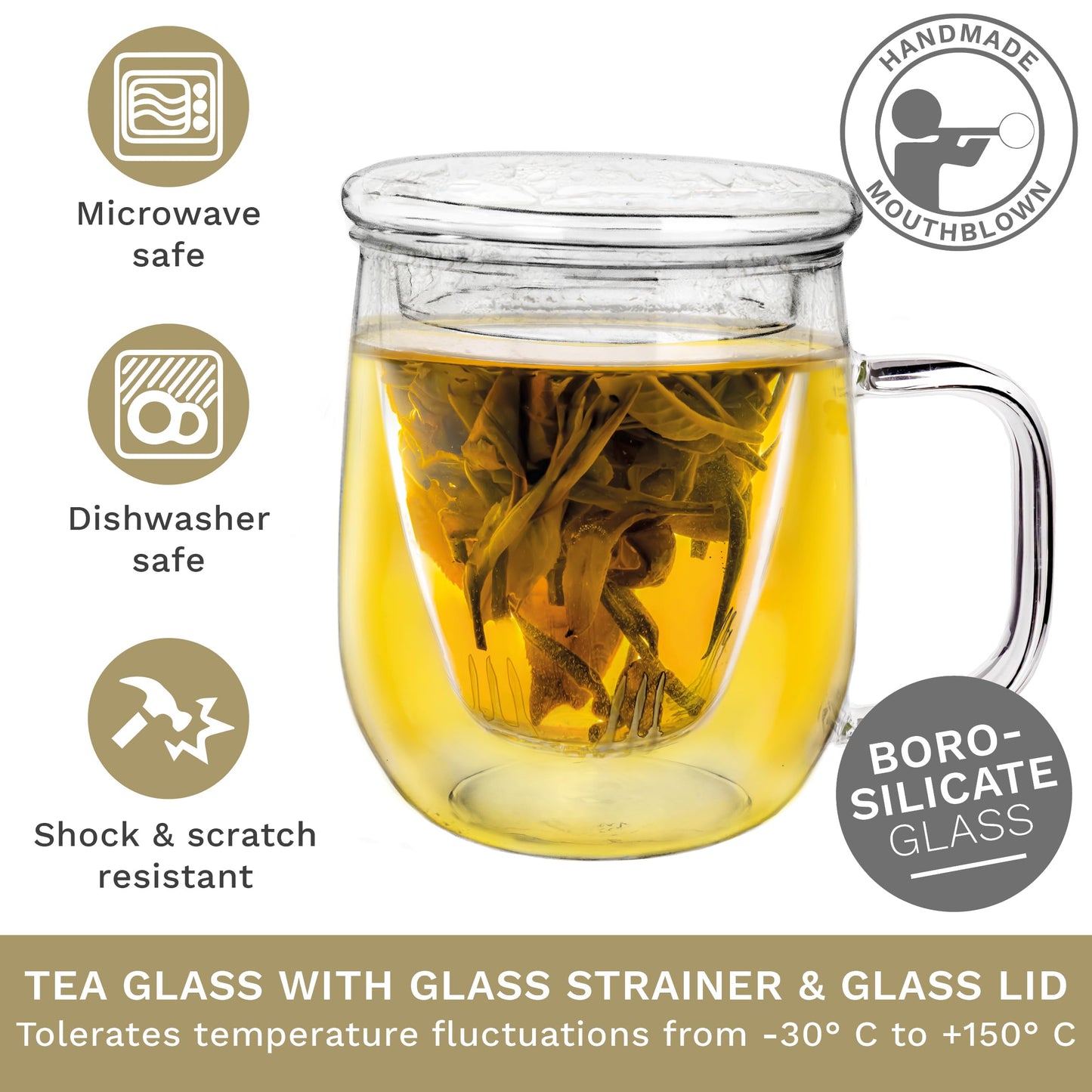 Creano Tea Glass with Infuser and Lid 400ml - Large Tea Cup - Microwave & Dishwasher Safe - Loose Leaf Tea Maker Gift Set