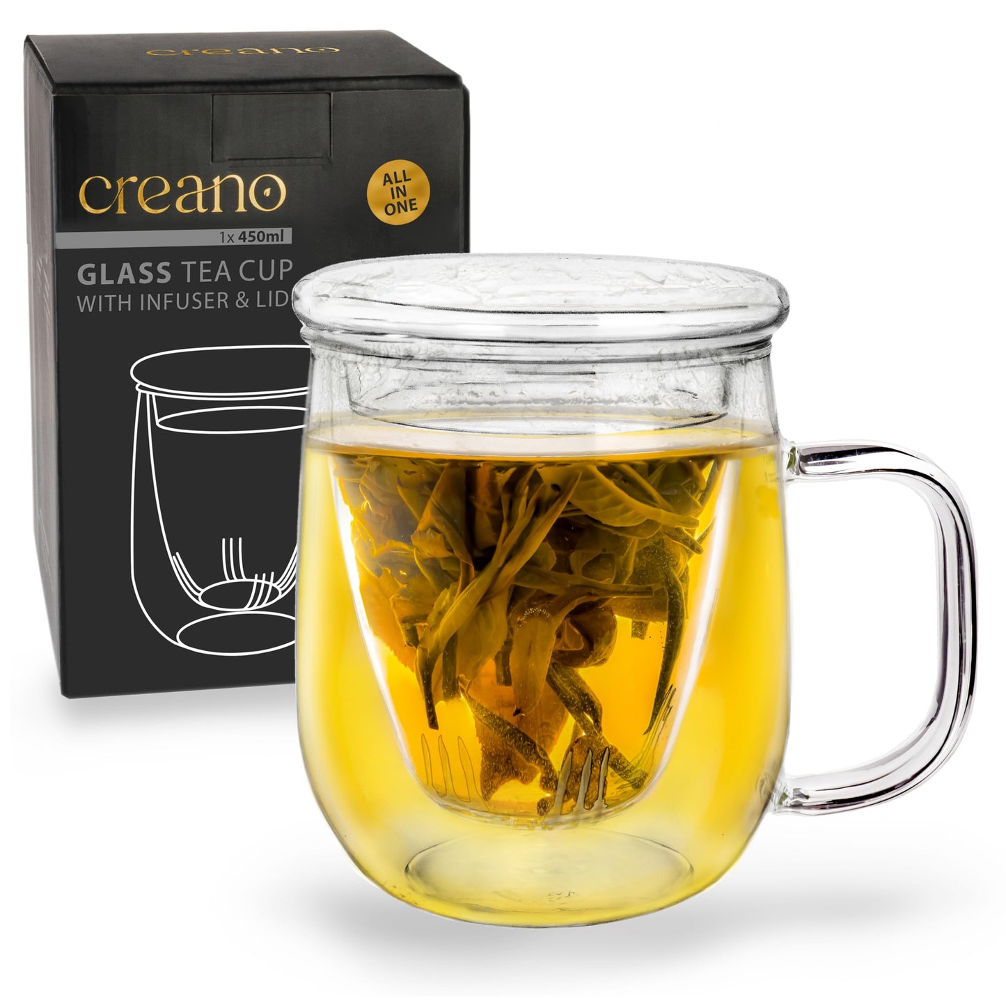 Creano Tea Glass with Infuser and Lid 400ml - Large Tea Cup - Microwave & Dishwasher Safe - Loose Leaf Tea Maker Gift Set