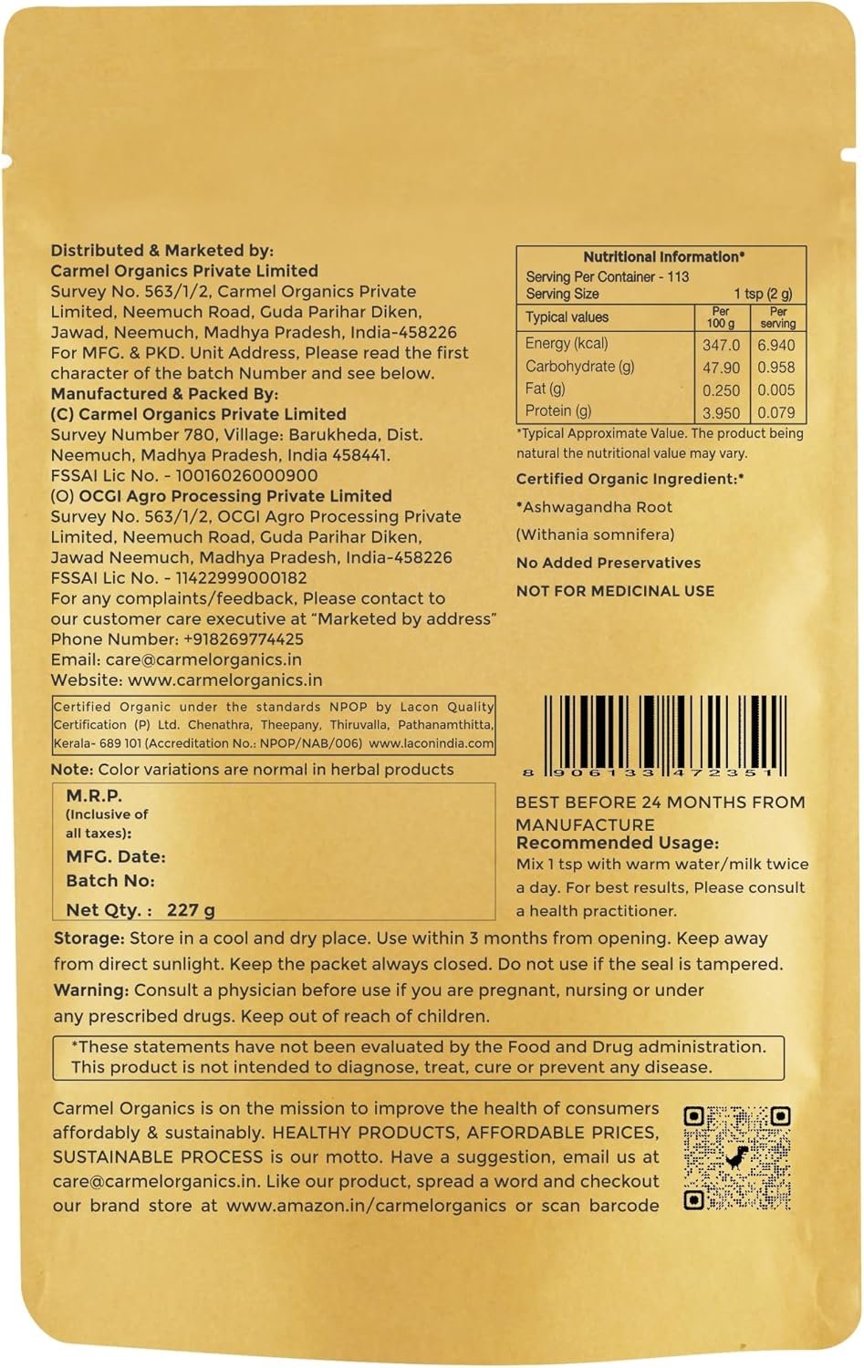 CARMEL ORGANICS Organic Ashwagandha Root Powder (8 Oz or 227g/0.5 Lbs) USDA Certified. Lab Tested, Non GMO & Gluten Free | Withania Somnifera from India