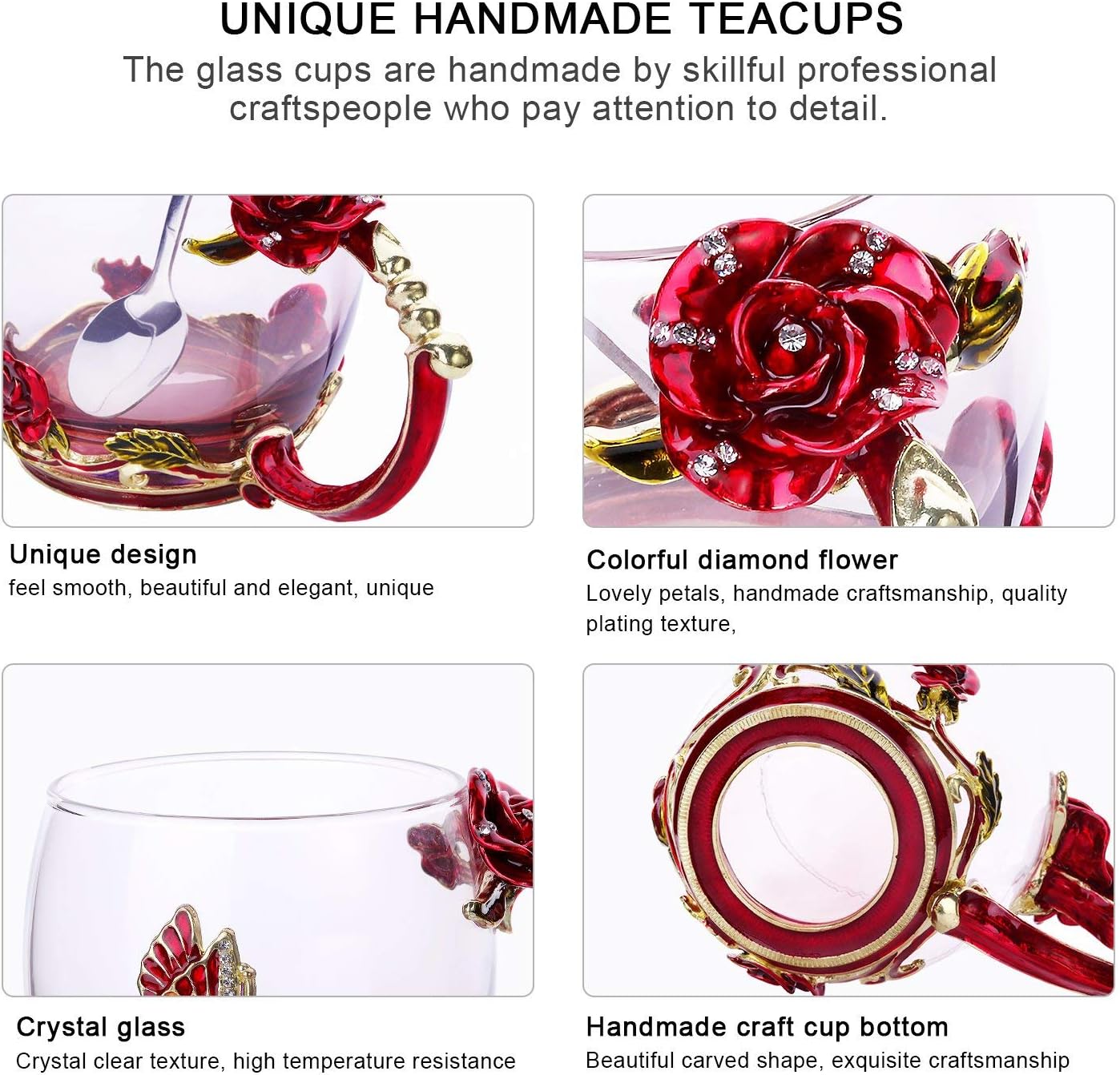 Luka Tech Enamel flower Lead-free Glass Coffee Mugs Tea Cup with Steel Spoon, Best Birthday Gifts For Women Wife Mom Friends Mothers Valentines Day Christmas (Purple-Tall)