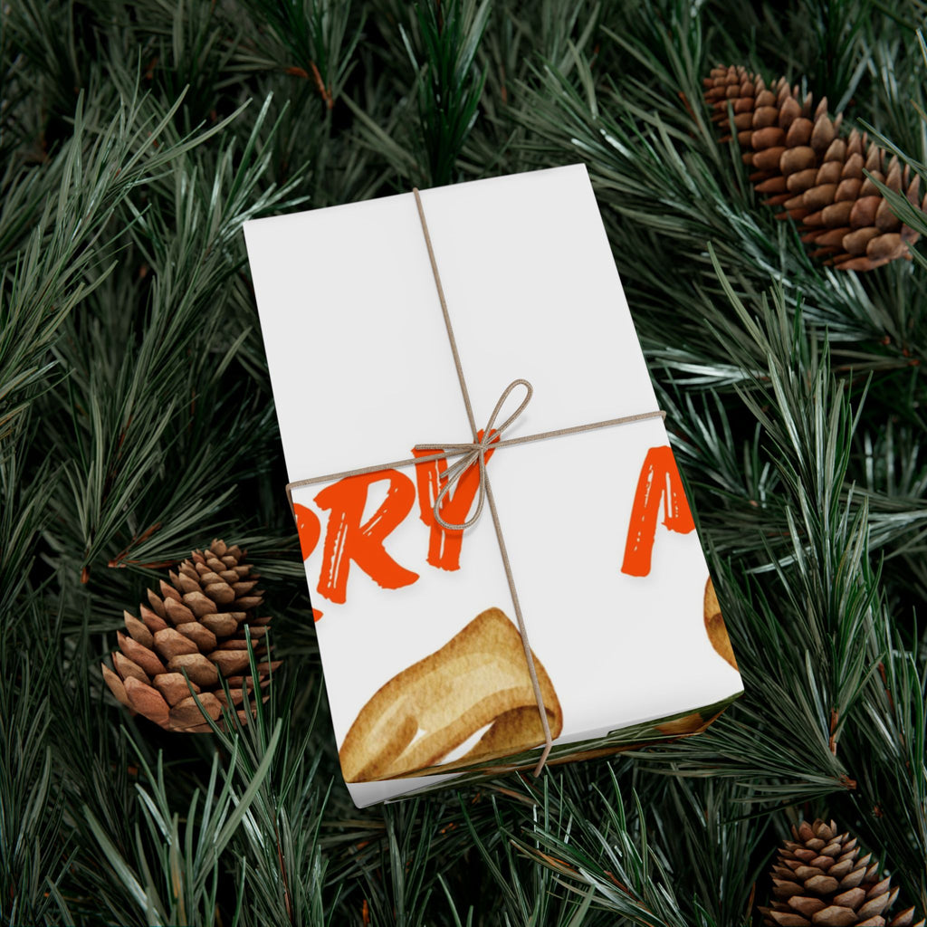 Christmas Gift Wrap Paper - Green Present Pattern with Gold Bow, 'Merry' Script Holiday Wrapping Sheets