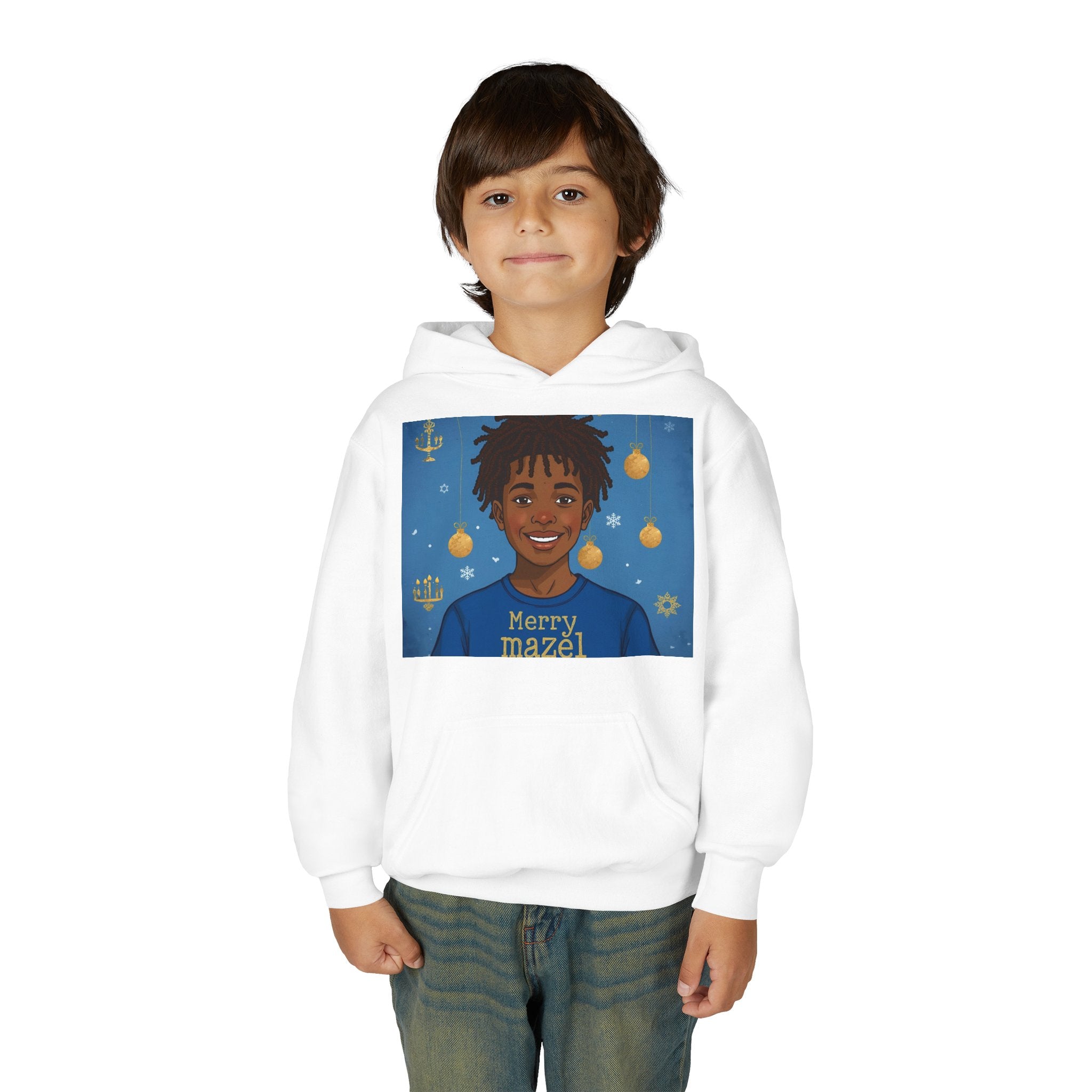 Youth Hoodie — Merry Mazel Hanukkah Sweatshirt with Smiling Child Illustration