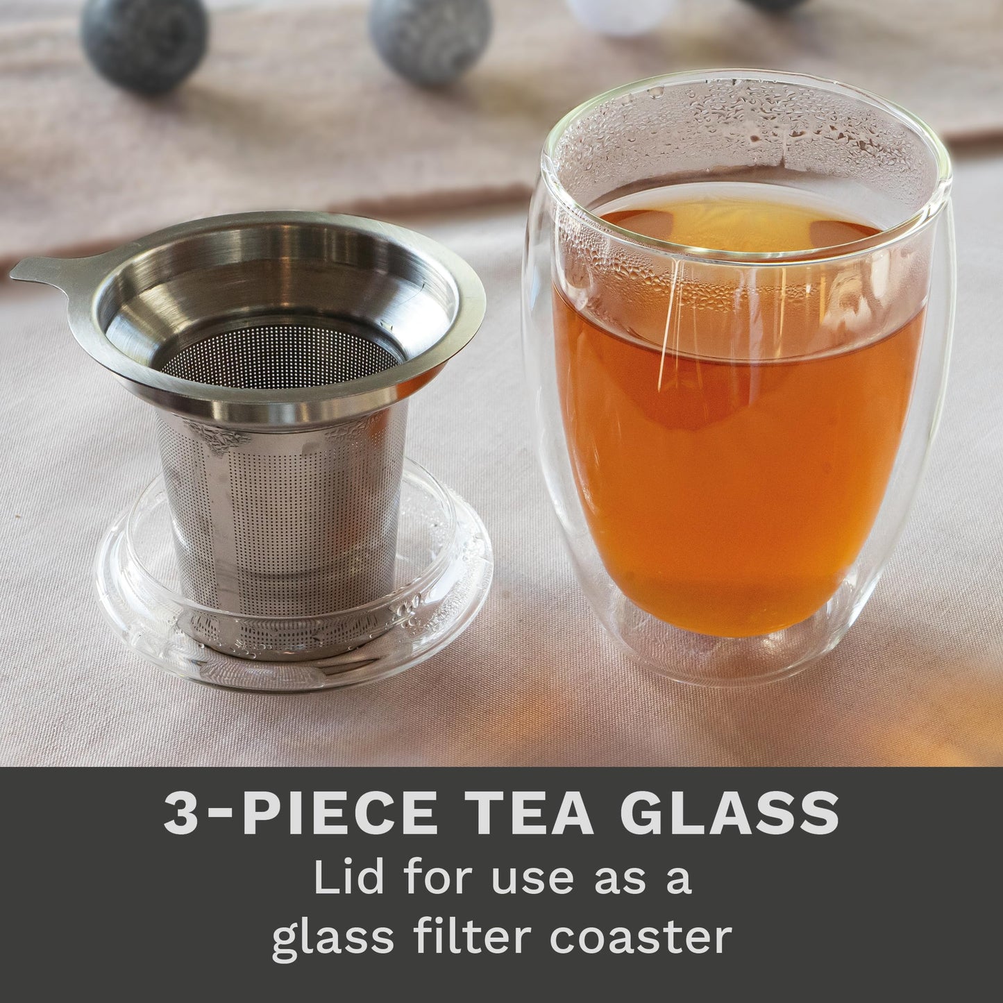 Creano Tea Glass with Infuser and Lid 400ml - Large Tea Cup - Microwave & Dishwasher Safe - Loose Leaf Tea Maker Gift Set